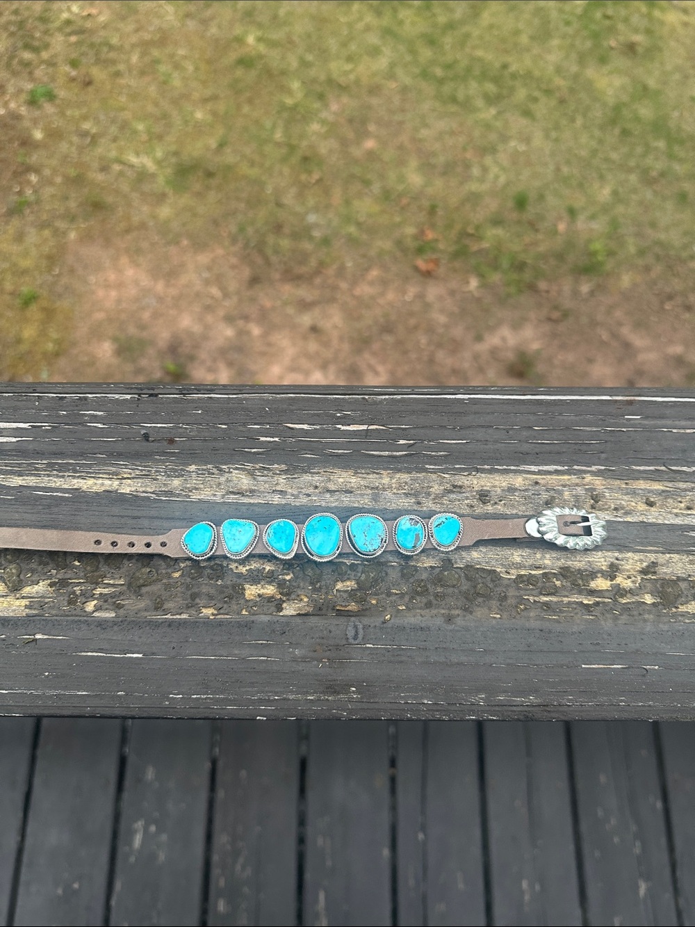 Navajo Dan Morgan Turquoise & Leather Sterling Silver Bracelet - Picture 4 of 7